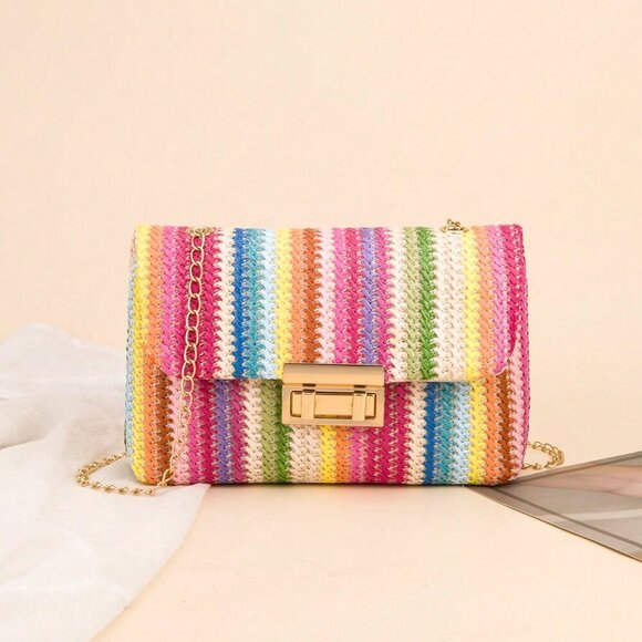 Multicolor Casual Women's Chain Shoulder Bag Small Square Woven Colorful Bag - Picture 2 of 5